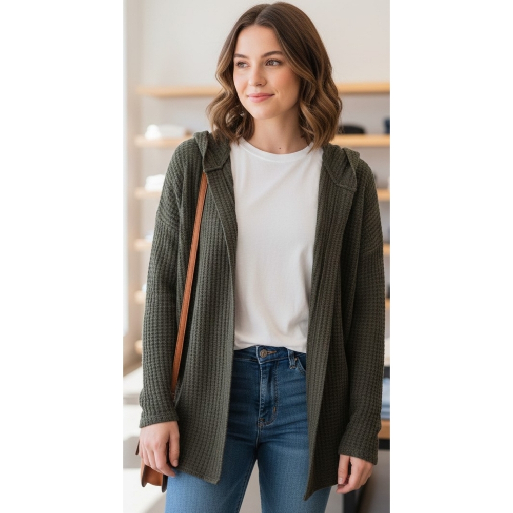 American Eagle Soft & Sexy Plush Waffle Knit Open Hooded Cardigan